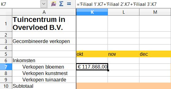 Typ =, klik op de tab Filiaal 1, klik op cel K7, druk op +, herhaal dit voor de bladen Filiaal2 en Filiaal3 en druk op Enter.