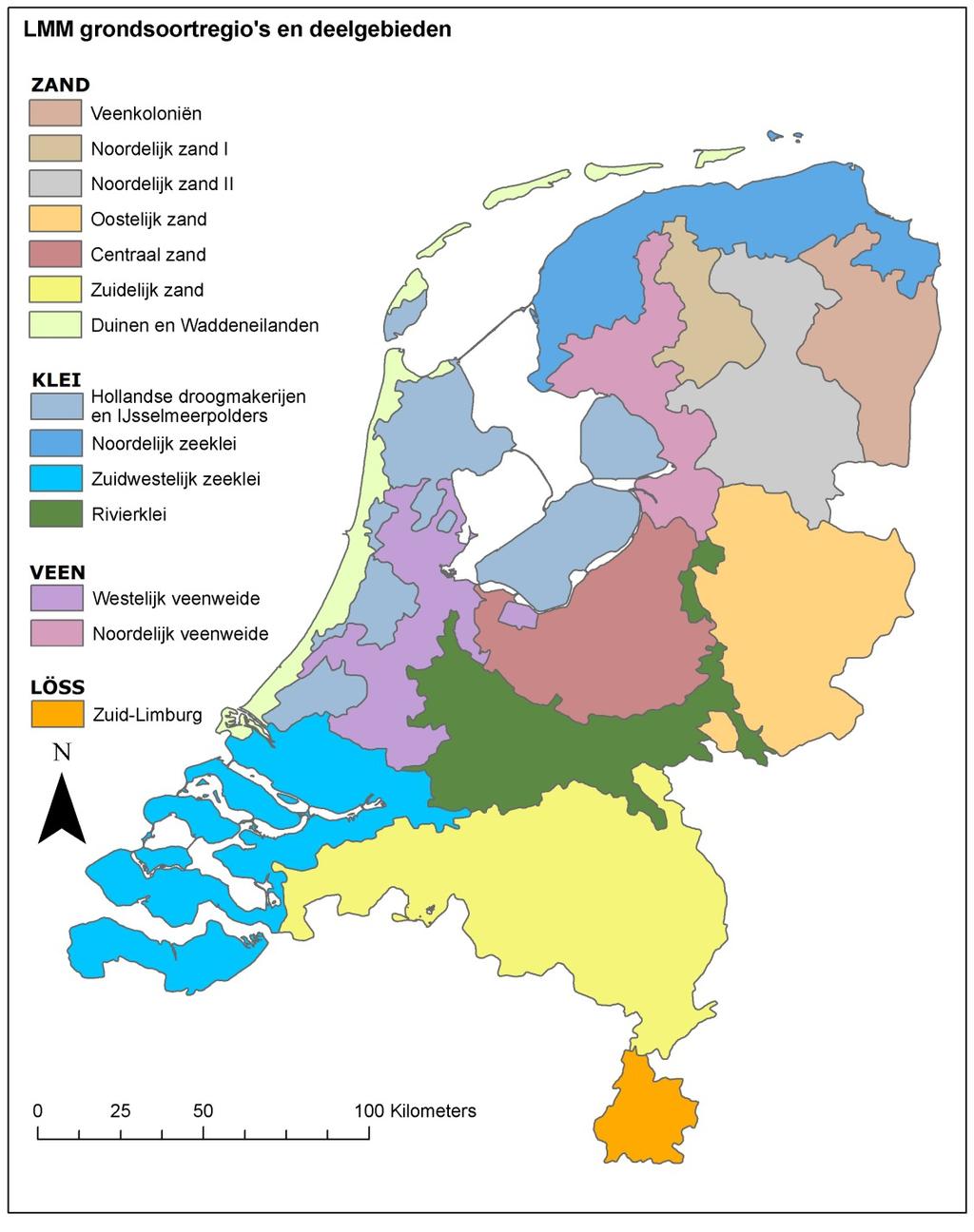 Figuur B1.1: grondsoortregio s en hun deelgebieden in het LMM In de jaren 2006 tot 2013 is binnen de regio s naar grondwaterlichaam (Verhagen et al., 2006) gestratificeerd.