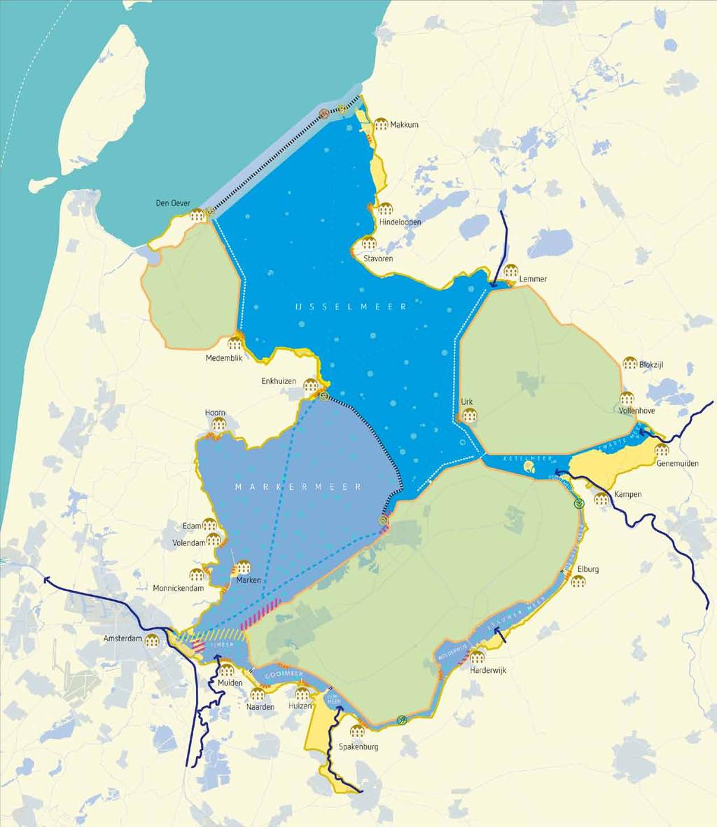Figuur 11 IJsselmeergebied natuurontwikkeling in Natura 2000 gebied en EHS (naar intensiteit) max. 1,5 m peilopzet tot 2100 max.