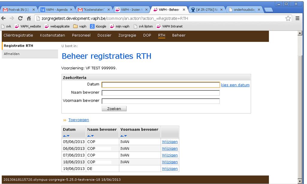 U komt vervolgens op het scherm Beheer registraties RTH, via het zoekcriteria kan u reeds aangemaakte