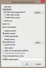 Specificeer of er hele dag afspraken gecreëerd worden bij het publiceren van informatie naar Microsoft Outlook Bij het publiceren van allocaties als Outlook afspraken, kunt u nu specificeren of