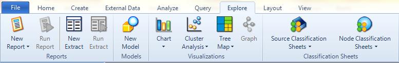 Explore Reports: maak rapporten en uittreksels Models: bouw een nieuw model Visualizations: creëer diagrammen, grafieken, tree maps,