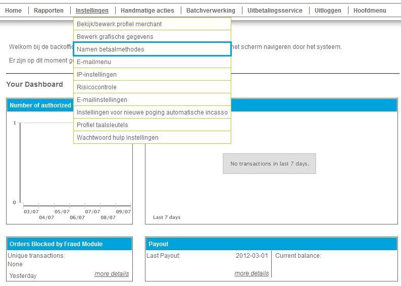 4. Bijlage 1: Betaalmethode toewijzen aan een betaalprofiel Voordat een betaalmethode zichtbaar is in het betaalmenu, zal deze eerst door u aan een profiel gekoppeld moeten worden.