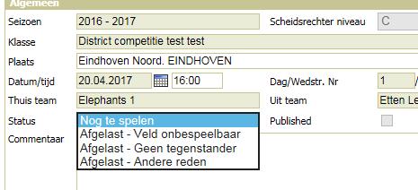 Invullen vaste gegevens voor de wedstrijd Aanvangstijd, status wedstrijd en scheidsrechter Aanvangstijd wedstrijd wijzigen De aanvangstijd wordt door de bond ingevuld.