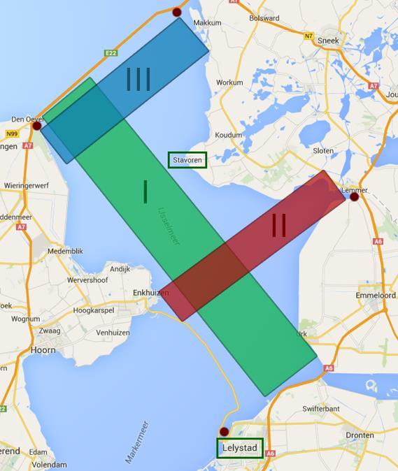 2.5 ONDERZOCHTE GEBIEDEN Het IJsselmeer is geen perfect rechthoekig meer met een constante doorsnede. Voor de meeste richtingen is het dus lastig om het gebied te modelleren.