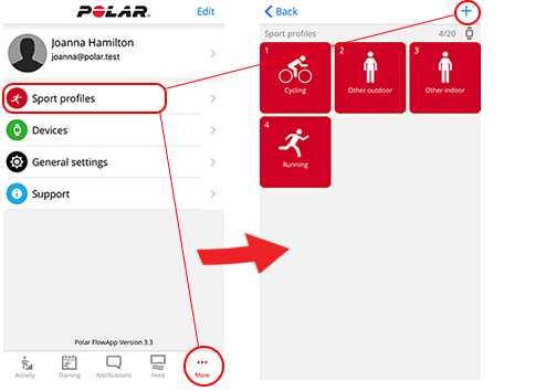 Polar Flow app Sportprofielen bewerken Polar Flow webservice Sportprofielen SPORTPROFIEL TOEVOEGEN In de Polar Flow mobiele app: 1. Ga naar Sportprofielen. 2.