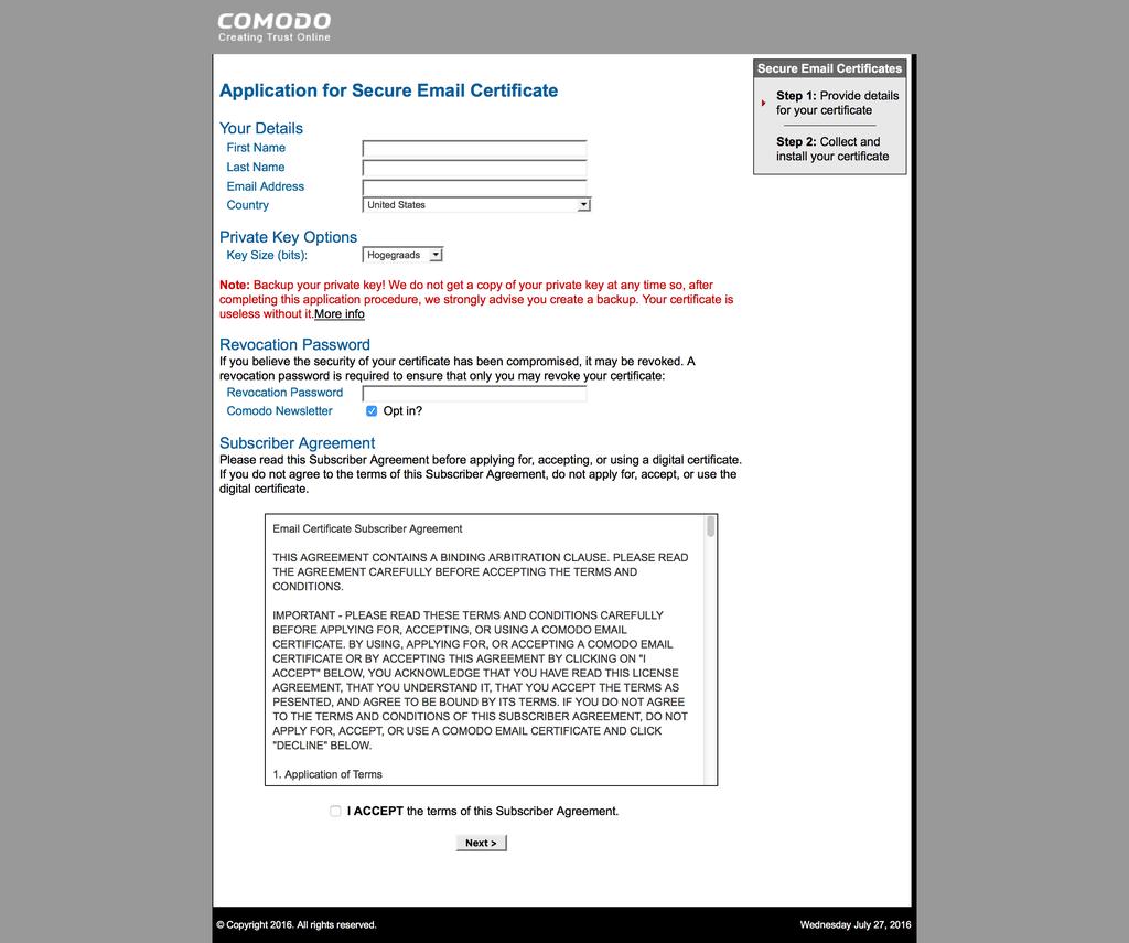 Stap 4: Overeenkomst Er verschijnt een scherm voor de aanvraag van uw beveiligde e-mail certificaat. Vul uw persoonsgegevens (3) in. Kies Hogegraads (4).