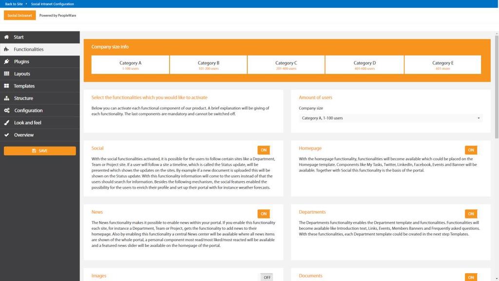 4.2 Functionaliteiten In de functionaliteiten stap is het mogelijk om bepaalde functionaliteiten aan en uit te zetten.