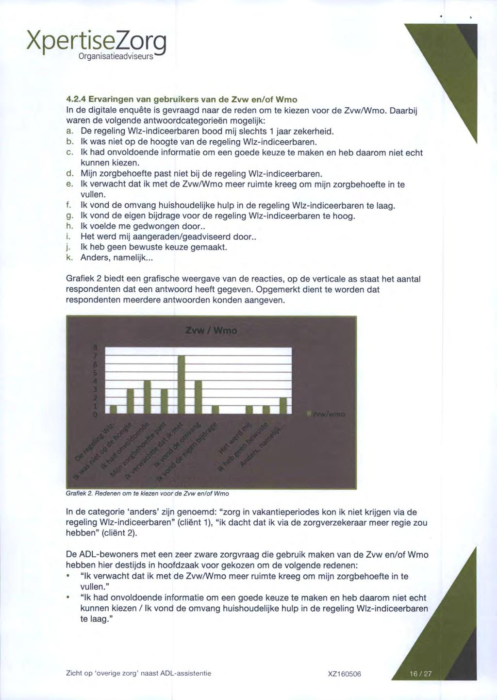 XpertiseZorg Organisatieadviseurs' 4.2.4 Ervaringen van gebruikers van de Zvw en/of Wmo In de digitale enquête is gevraagd naar de reden om te kiezen voor de Zvw/Wmo.