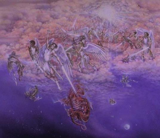 openbaring 12:7-12 oorlog in de hemel - De aartsengel Michael en zijn engelenleger voert in de hemel strijd tegen de draak met zijn legers.