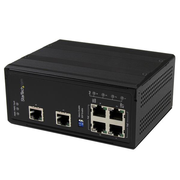 6-poorts onbeheerde industriële gigabit Ethernet switch met 4 PoE+ poorten en spanningsregeling - op een DIN-rail / wand monteerbaar Product ID: IES61002POE Met de IES61002POE 6-poorts industriële