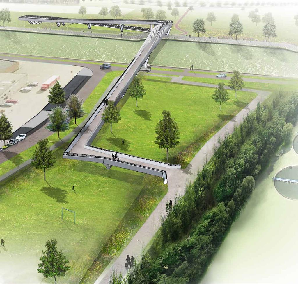 Verschillende onderdelen 1 Tussen het en de Bredabaan komt een groene zone met daarin de aanloophellingen naar de nieuwe fietsbrug. Het onderste deel van de aanloophelling, aan de Ing.