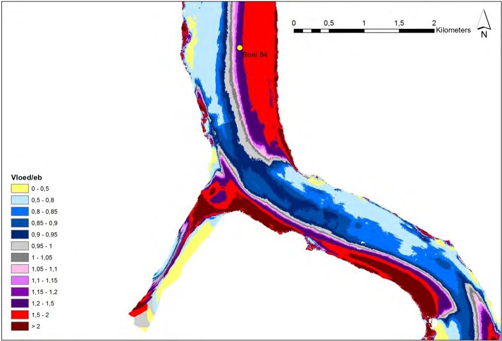 Figuur 58 - Boxplot van gemiddelde en maximale stroomsnelheid over vloed en over eb, gemeten door de verschillende Aanderaa toestellen op locaties in de Zeeschelde (2014) Ook deze verdeling van eb-