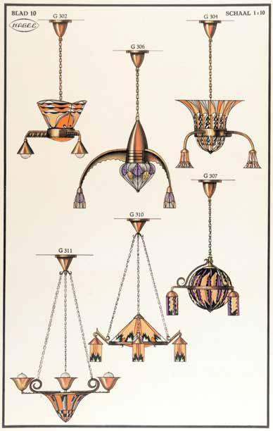 De 131 lampontwerpen in de catalogus variëren van een eenvoudig wandlampje op hout van 12 gulden tot een monumentale kaplamp in artistiek