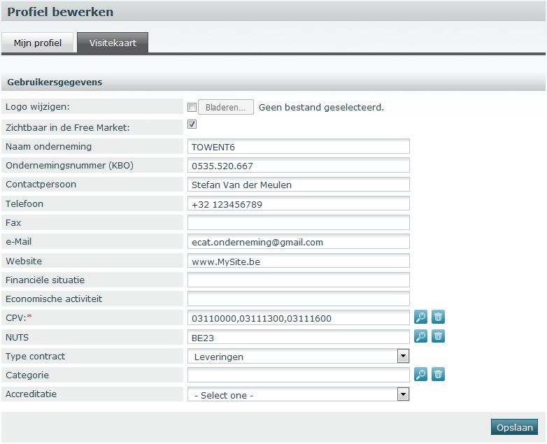 2.2 Het visitekaartje invullen Klik in het linker menu op Mijn Profiel Open het tabblad Visitekaartje Merk op dat het visitekaartje al deels is ingevuld met gegevens die uit je profiel werden