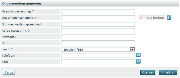 Voor ondernemingen die geregistreerd zijn bij de Belgische Kruispuntbank der Ondernemingen is er een mogelijkheid om de ondernemingsgegevens op te halen bij de Kruispuntbank der Ondernemingen.