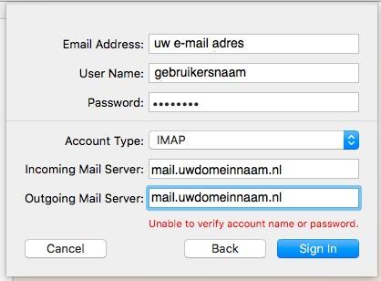 Vul bij Password het wachtwoord van de mailbox in. Afb. 3 Stel je inkomende en uitgaande mailserver in Klik op Sign In om verder te gaan naar de uitgaande instellingen.