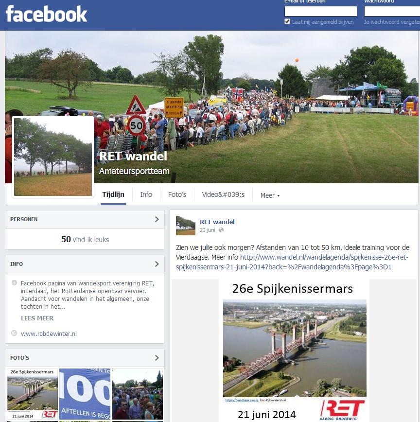 Wandelen op het internet... De RET Wandelsportvereniging is ook te vinden op Facebook. Ga naar https://www.facebook.