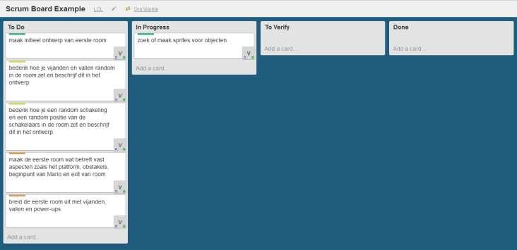 5. Scrum Board Het Scrum Board is het fysieke of virtuele bord waarop de planning en voortgang per Sprint wordt bijgehouden. Het Scrum Board kan op vele manier ingedeeld worden.