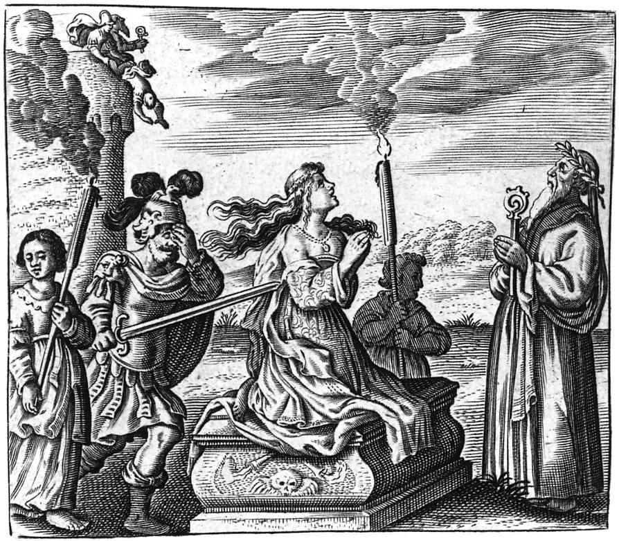 Afbeelding Samuel Coster, 1644 Tekst 3 Talthybios komt na de val van Troje met een bericht van de Grieken naar Hekabe. Hekabe ligt op de grond te treuren, verlangend naar de dood.