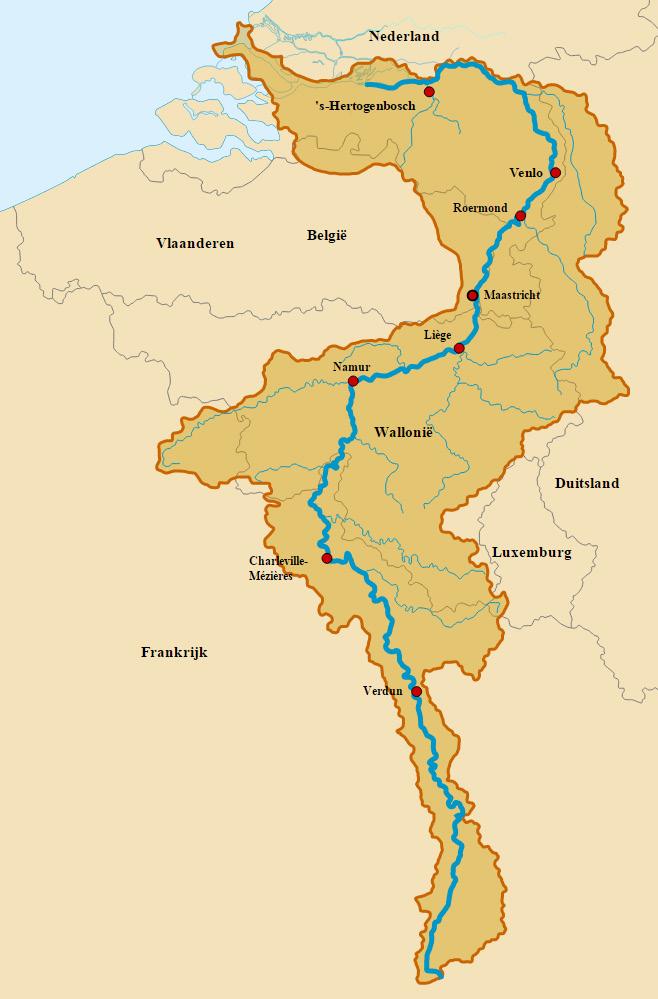 2 STUDIEGEBIED 2.1 Het bekken van de Maas en de afvoerende kanalen Het bekken van de Maas heeft een totale stroomoppervlakte van ongeveer 33.000 km² (Figuur 1) (De Wit et al.