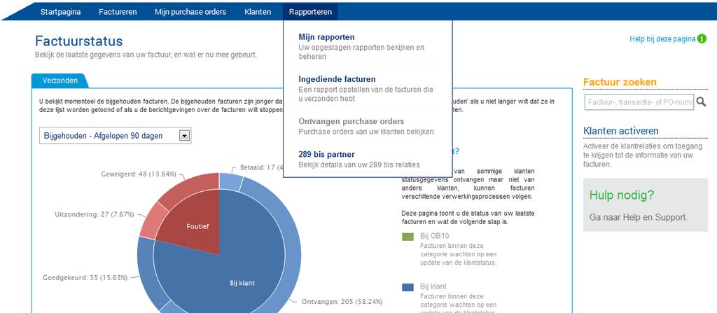 Rapport Ingediende Facturen NL Kies Rapporteren -> Ingediende facturen om een