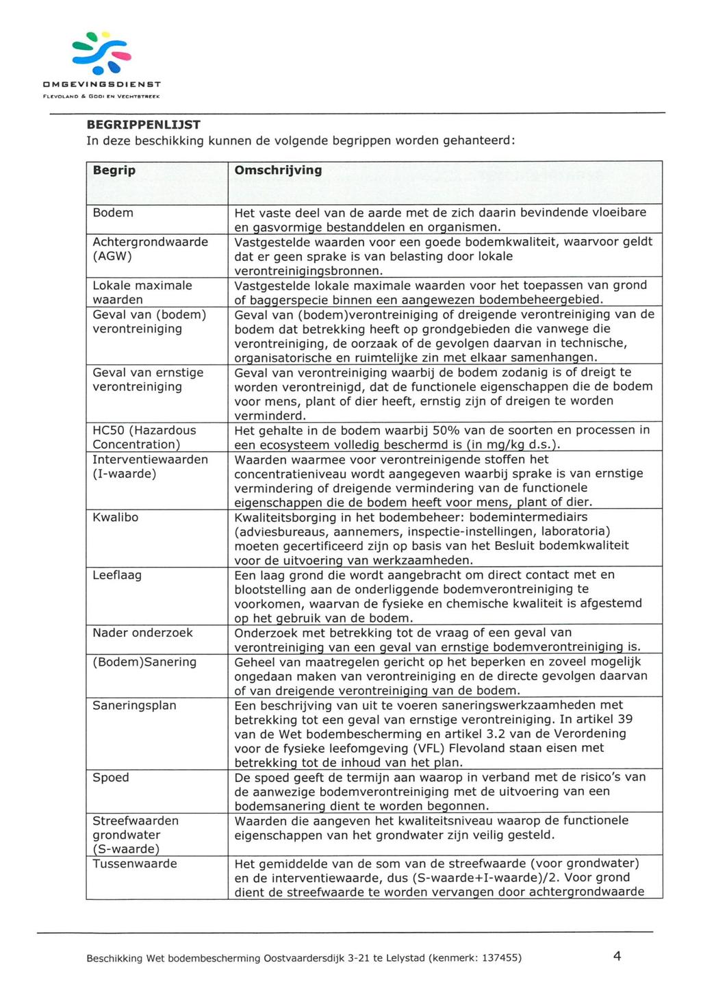 O M G EVI N G B D I E N ST FLEvotANO & GODI EN VECHT&TREE9C BEGRIPPENLI:IST In deze beschikking kunnen de volgende begrippen worden gehanteerd: Begrip Omschrijving Bodem Achtergrondwaarde (AGW)