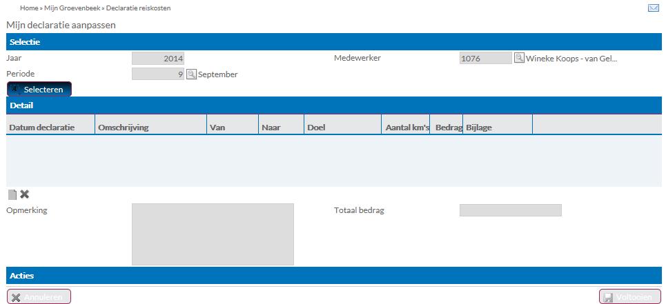 2. Klik op de knop Selecteren. 3. Klik op de kalender om een datum te selecteren. 4. De omschrijving wordt automatisch gevuld. Vul het veld van, naar en doel in. 5.