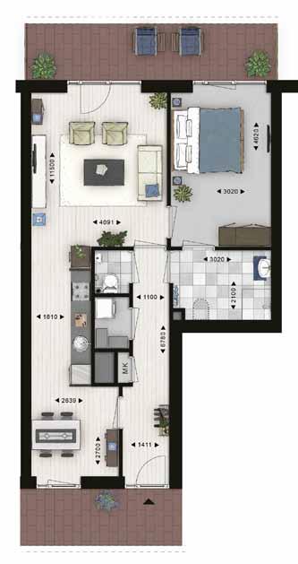 nummer 15 Nummer 15 vindt u op de begane grond van Okermuiden. Een compact en knus appartement met één slaapkamer. De keuken is tegen de binnenmuur van de diepe, lange woonkamer geplaatst.