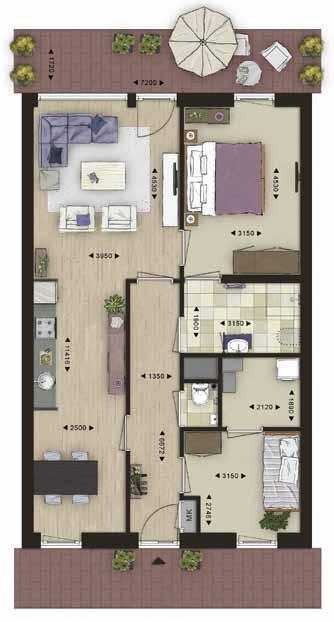 nummer 5 Opvallend bij dit appartement is dat de keuken in het midden van de lange, diepe woonkamer is geplaatst.