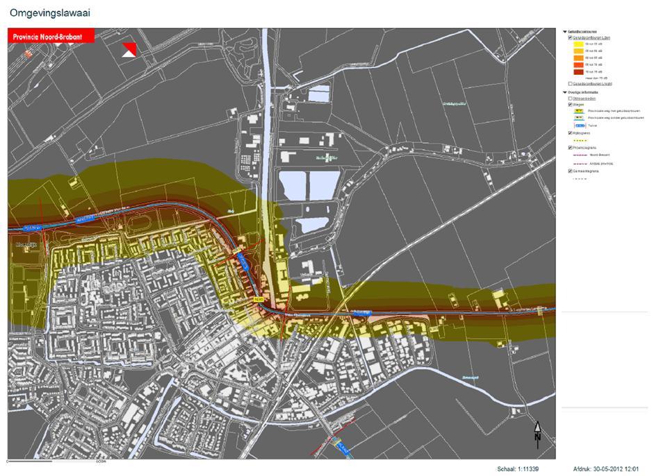 van de weg, liggen er veel geluidgevoelige bestemmingen, met name woningen en een woonzorgcentrum. Afbeelding 14 toont de huidige (2012) geluidbelasting.