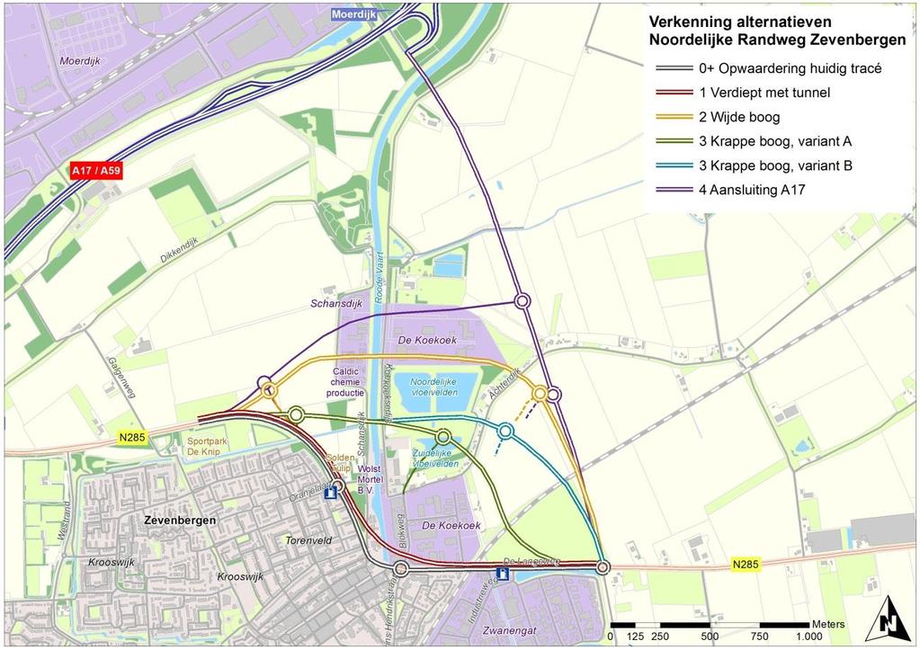 4.3 VERKENNING MOGELIJKE ALTERNATIEVEN VOOR DE NOORDELIJKE RANDWEG ZEVENBERGEN Om te bepalen welke alternatieven en varianten in het MER worden onderzocht, zijn eerst de mogelijke verschillende