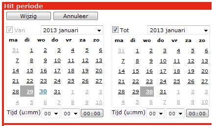 Datuminterval instellen Aan de linkerkant is het mogelijk om de benedengrens (datum van) in te stellen. Aan de rechterkant is het mogelijk om de bovengrens (datum tot) van de interval in te stellen.