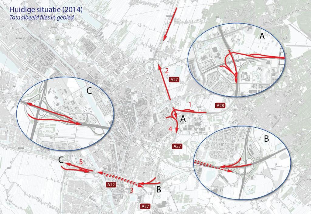Figuur 2.5: Congestiebeeld 2014, de congestielocaties op een gemiddelde werkdag (ochtenden/of avondspits) zijn in rood aangegeven.