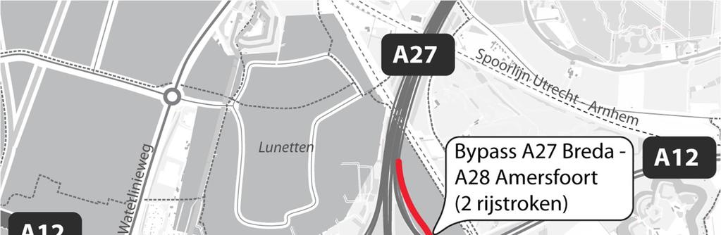 Figuur 3.5: Bypass knooppunt Lunetten Zuidelijk van knooppunt Lunetten wordt de A27 op beide rijbanen verbreed met één rijstrook.