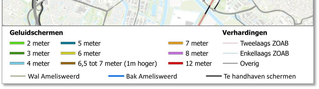 De schermen langs de A27 ten zuiden van de aansluiting Utrecht-Noord en langs de A28 en A12 worden 10 graden achteroverhellend uitgevoerd en aan de wegzijde voorzien van