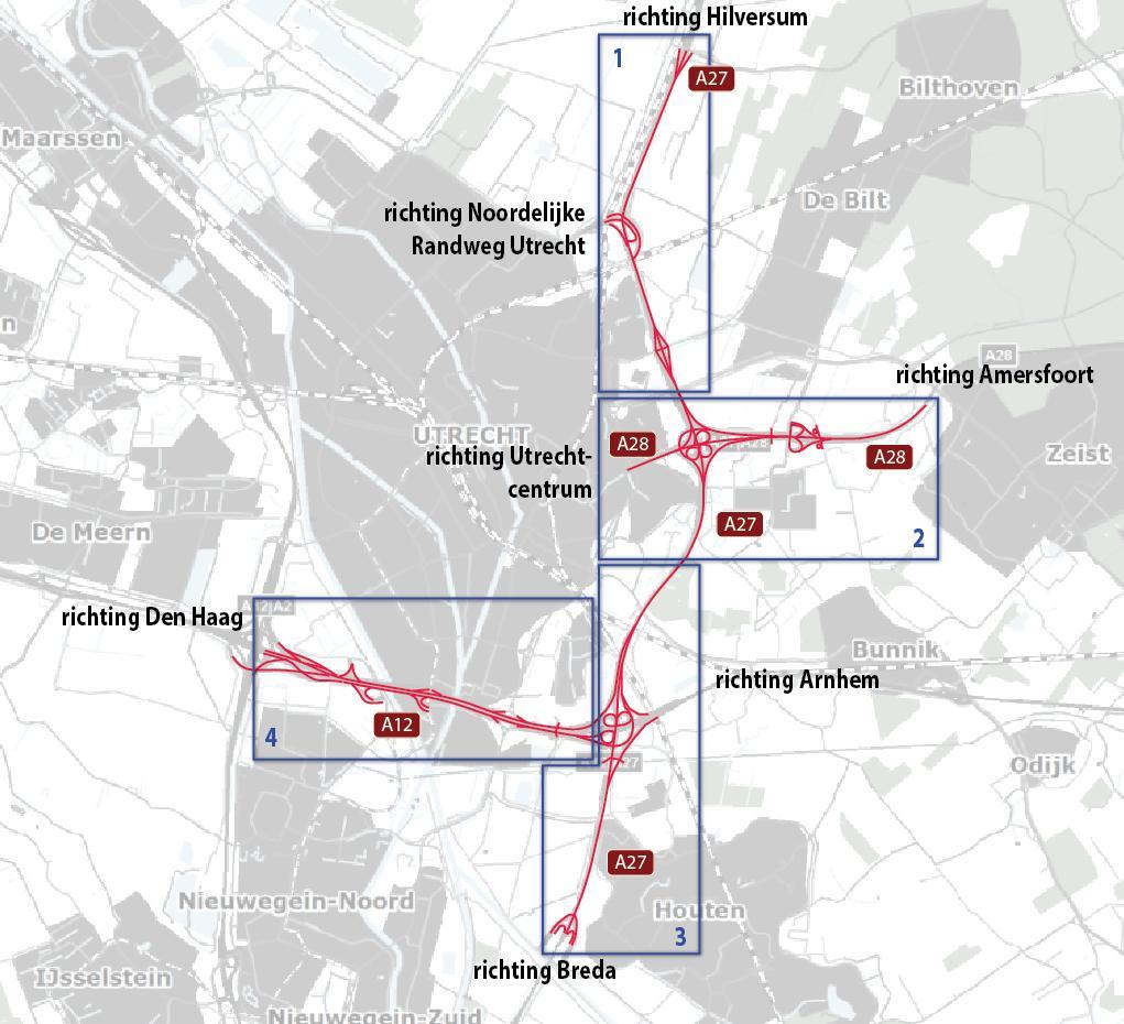 1. A27 noord (vanaf projectgrens aansluiting Bilthoven tot direct ten zuiden van het viaduct met de Utrechtseweg); (gemeenten De Bilt en Utrecht); 2.