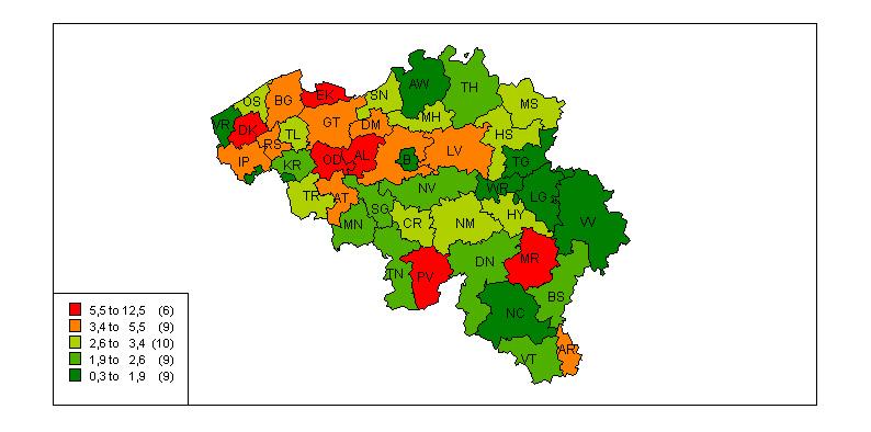 Figuur 3. Incidentie van humane Salmonella Enteritidis per arrondissement (aantal gevallen bevestigd door het NRSS/100.000 inwoners; België, 2009).