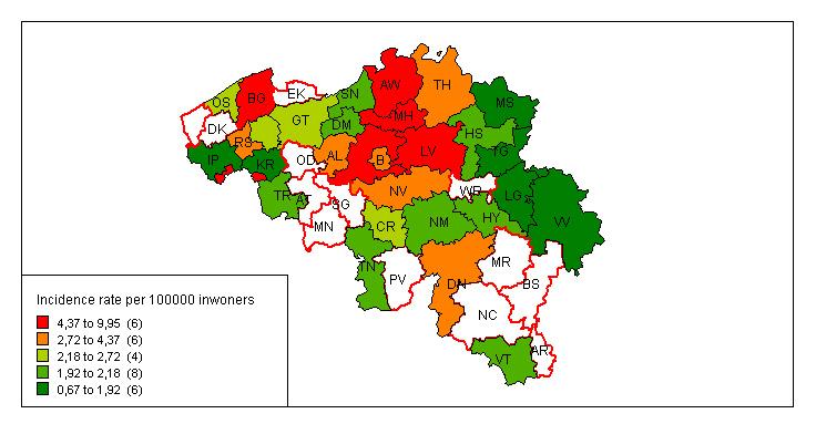 3.2.4. Shigella: Verdeling en incidentie per arrondissement Figuur 15 geeft een overzicht van de incidentie (N/100.000 inwoners) per arrondissement van alle Shigella serotypes voor 2009.