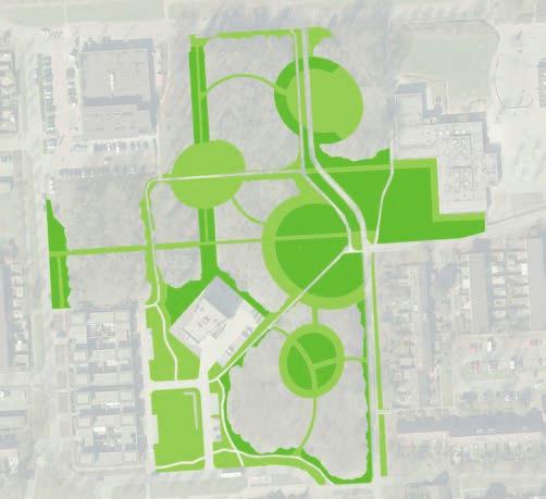 Beplanting Bos, bos bos. Verder opvallend de 2 randen: langs de Albert Heijn en langs de bebouwing. De lagere beplanting bij de Albert Heijn is een vreemde eend in de bijt.