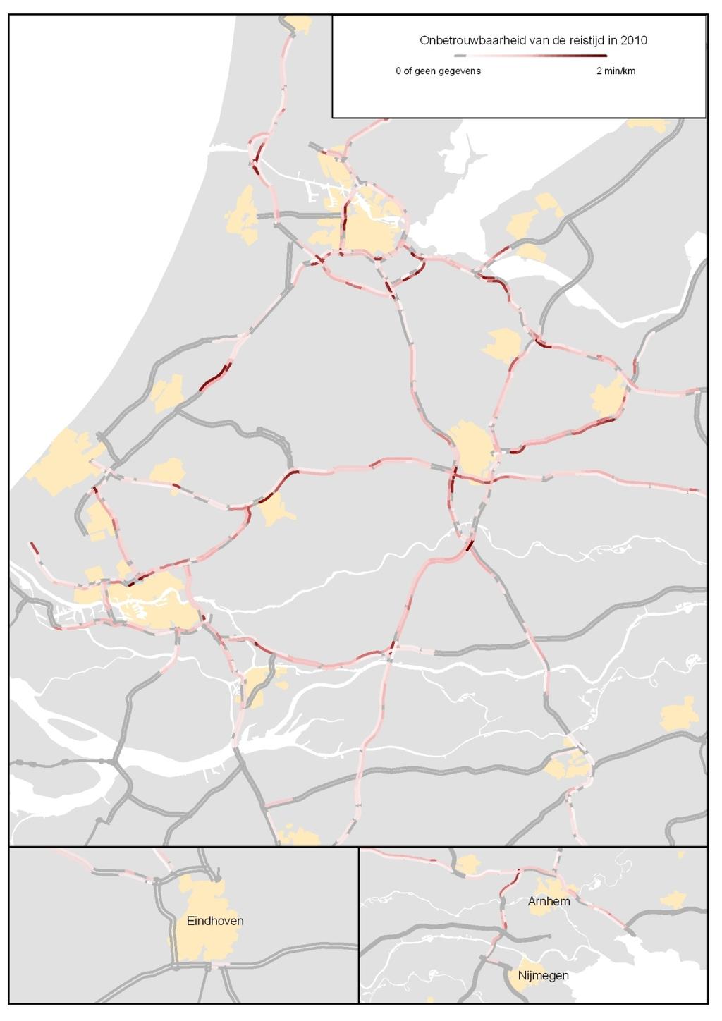 Ruimtelijke spreiding Evenals het reistijdverlies concentreerde de onbetrouwbaarheid in 2010 zich vooral op bepaalde wegen van en naar de vier grote steden (figuur