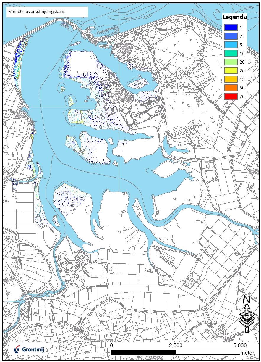 Figuur 7.4 Overstromingsverschilkaart van het Lauwersmeer voor de situatie voor en na bodemdaling door gaswinning (1% = 3,