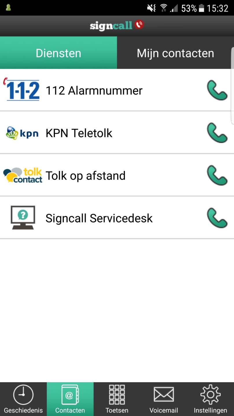 Het gebruikersscherm Dit is Signcall. Diensten De lijst met algemene servicenummers. De balk bevat iconen die op het moment actief zijn op je mobiel.