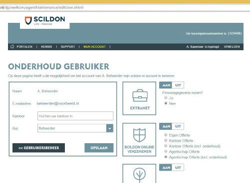 ONDERHOUD GEBRUIKER (ALLEEN BEHEERDER EN SUPERUSER) Een Beheerder of Superuser kan de gegevens van gebruikers aanpassen en de toegang tot portalen beheren voor de gebruikers van mijn.scildon.nl.