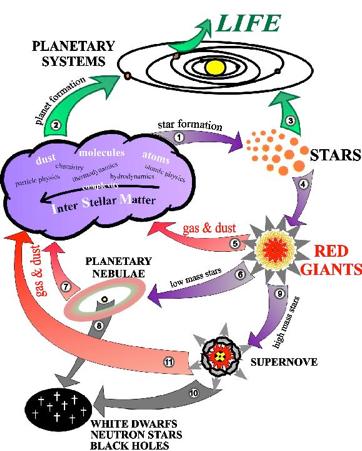 Waar komt het stof vandaan? Complexe levenscyclus Wordt geproduceerd in de atmosferen van koele sterren (rode reuzen, AGB sterren).