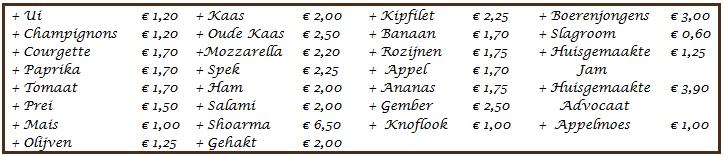 Kinderpannenkoeken 35. Kinderpannenkoek naturel 36. Kinderpannenkoek jam 37. Kinderpannenkoek Nutella 38. Kinderpannenkoek rozijnen 39. Kinderpannenkoek appel 40. Kinderpannenkoek spek 41.