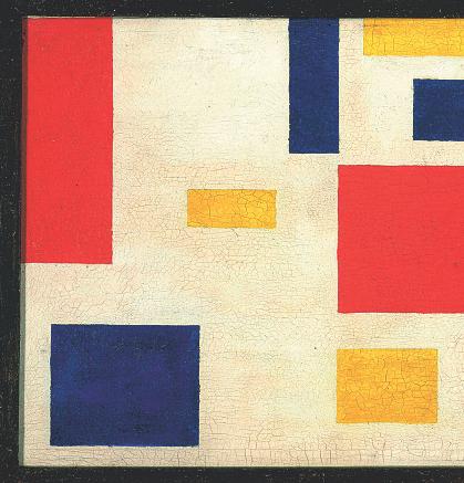 tie 9 (Blue Façade) uit 1914 laat Mondriaan zich nog altijd door de werkelijkheid inspireren.