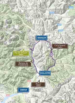 ROUTEFACTS Route 1 FACTS LENGTE: HOOGTEMETERS: LICHT/ZWAAR: WAARDERING: 96 KM 2130 M BEKLIMMINGEN: Rampes de Freissinières (Pag. 36) Col d Izoard vanaf Guillestre (Pag.