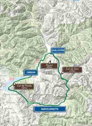 ROUTEFACTS Route 3 FACTS LENGTE: HOOGTEMETERS: LICHT/ZWAAR: WAARDERING: 126 KM 2230 M BEKLIMMINGEN: Col de Vars (Pag. 33) Col de Pontis (Pag.