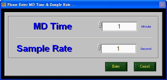 6 Instellen van de MD- tijd en de herhalingfrequentie Klik op File -> MD Time & Sample Rate en klik aansluitend